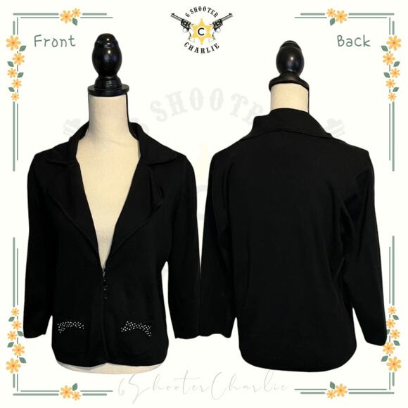 U-Knit Silk Blend Cardigan Sweater Women's Sz XL Black Collared 4-Buttons Office - Picture 1 of 8